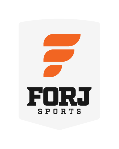 FORJ Badge lockup, white wordmark, on dark