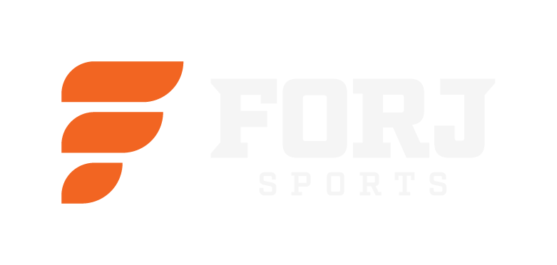 FORJ Master lockup, white wordmark, on dark